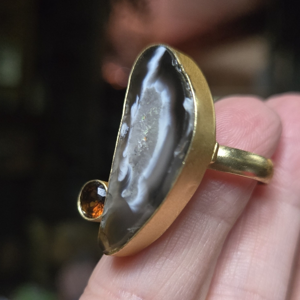 Agate & citrine sterling & gold brushed Ring sz7 adjustable open design - Picture 5 of 9